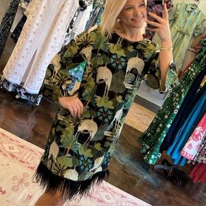 FITZROY&WILLA- SWING DRESS, Elegant Green Patterned Dress with Black Fringe